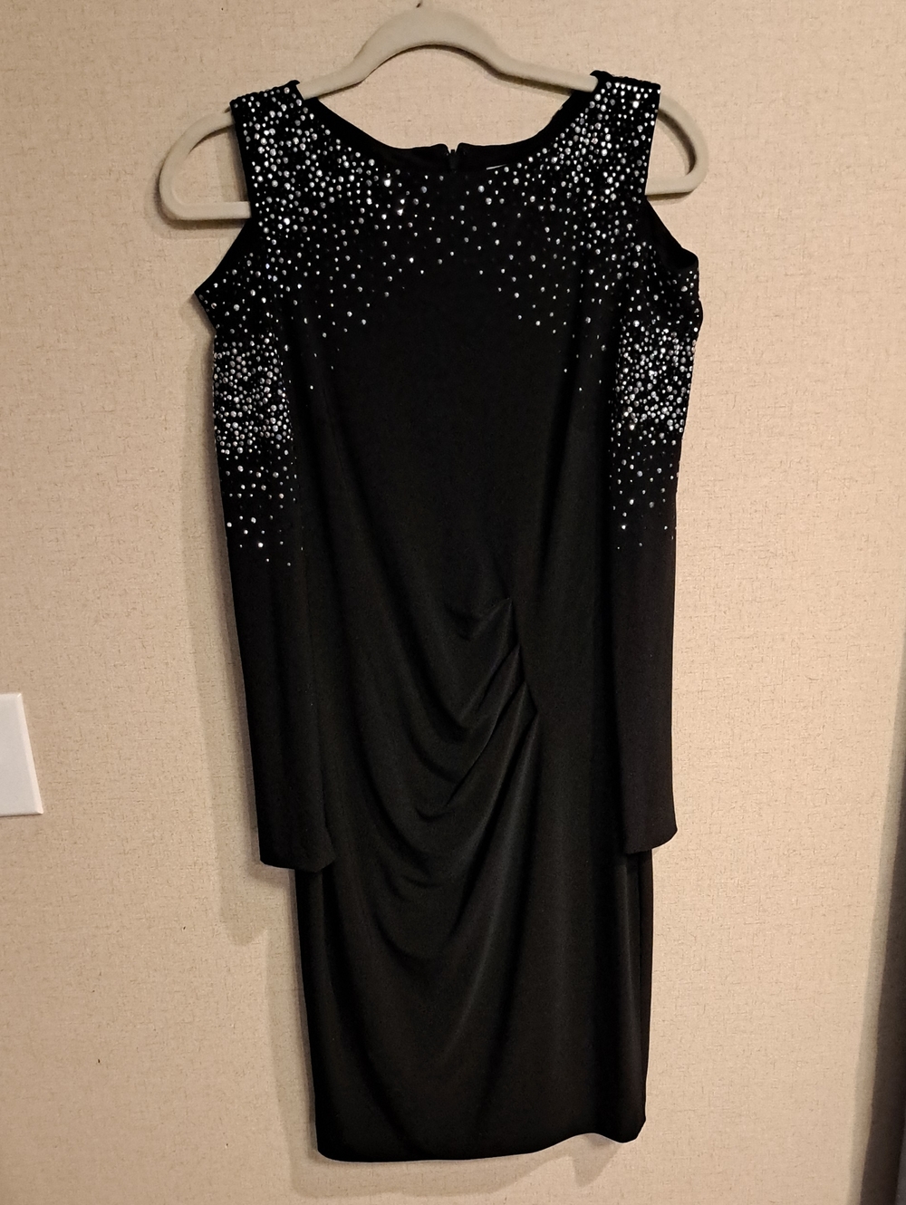 Cache Black Cold-Shoulder Sheath Dress with Silver Embellishments